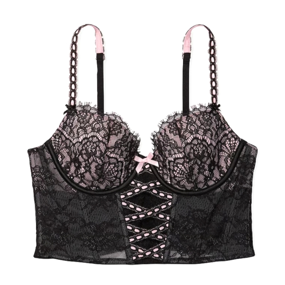 Victoria's Secret Corset Pink & Black Lace Bra Top Sexy Shapewear Size Medium DD - Picture 1 of 13